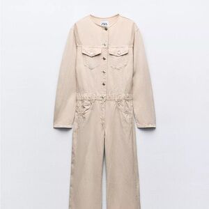 Zara Beige Button-Up Jumpsuit